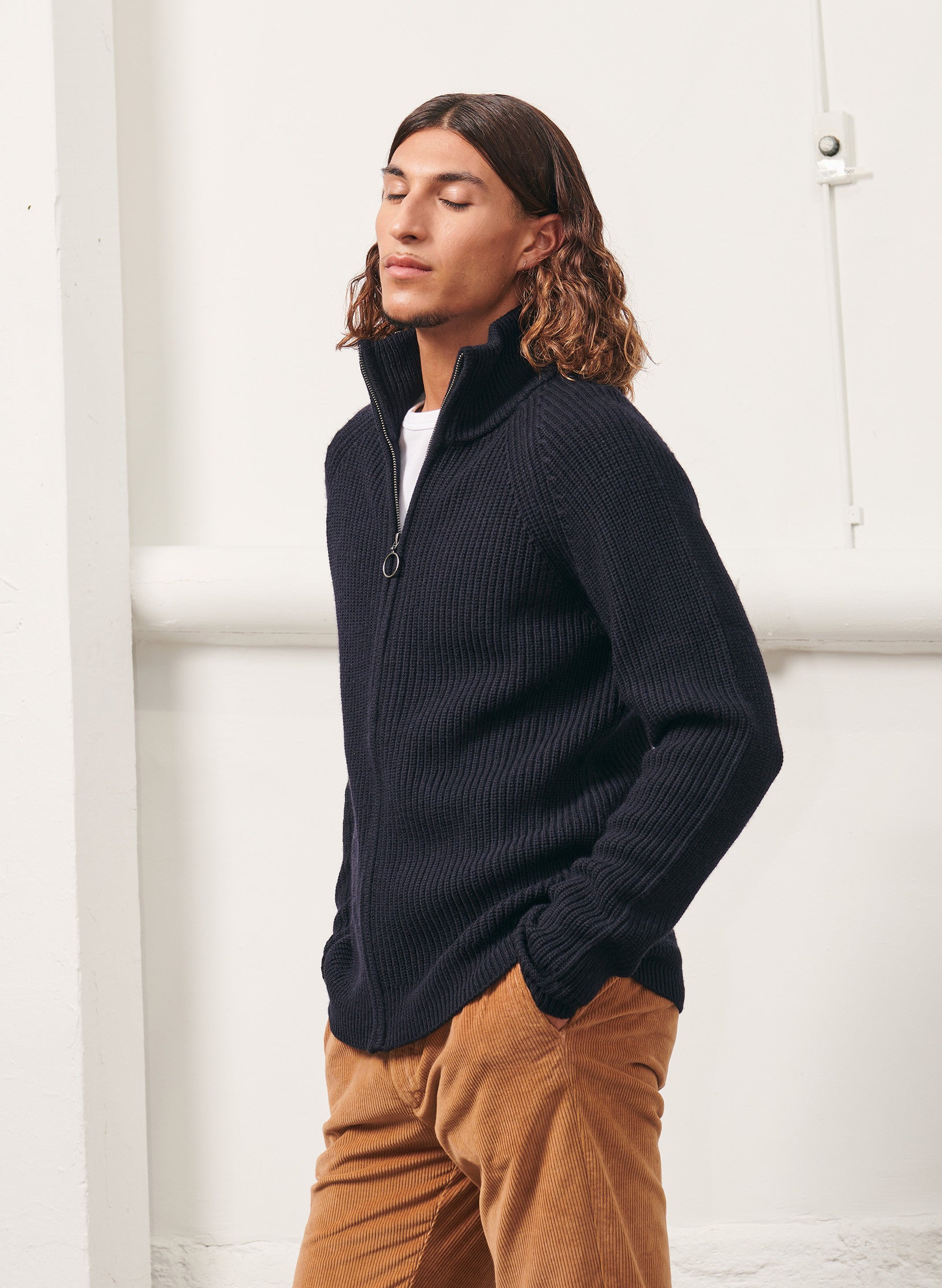 gilet zippe 100 laine a cote homme bleu