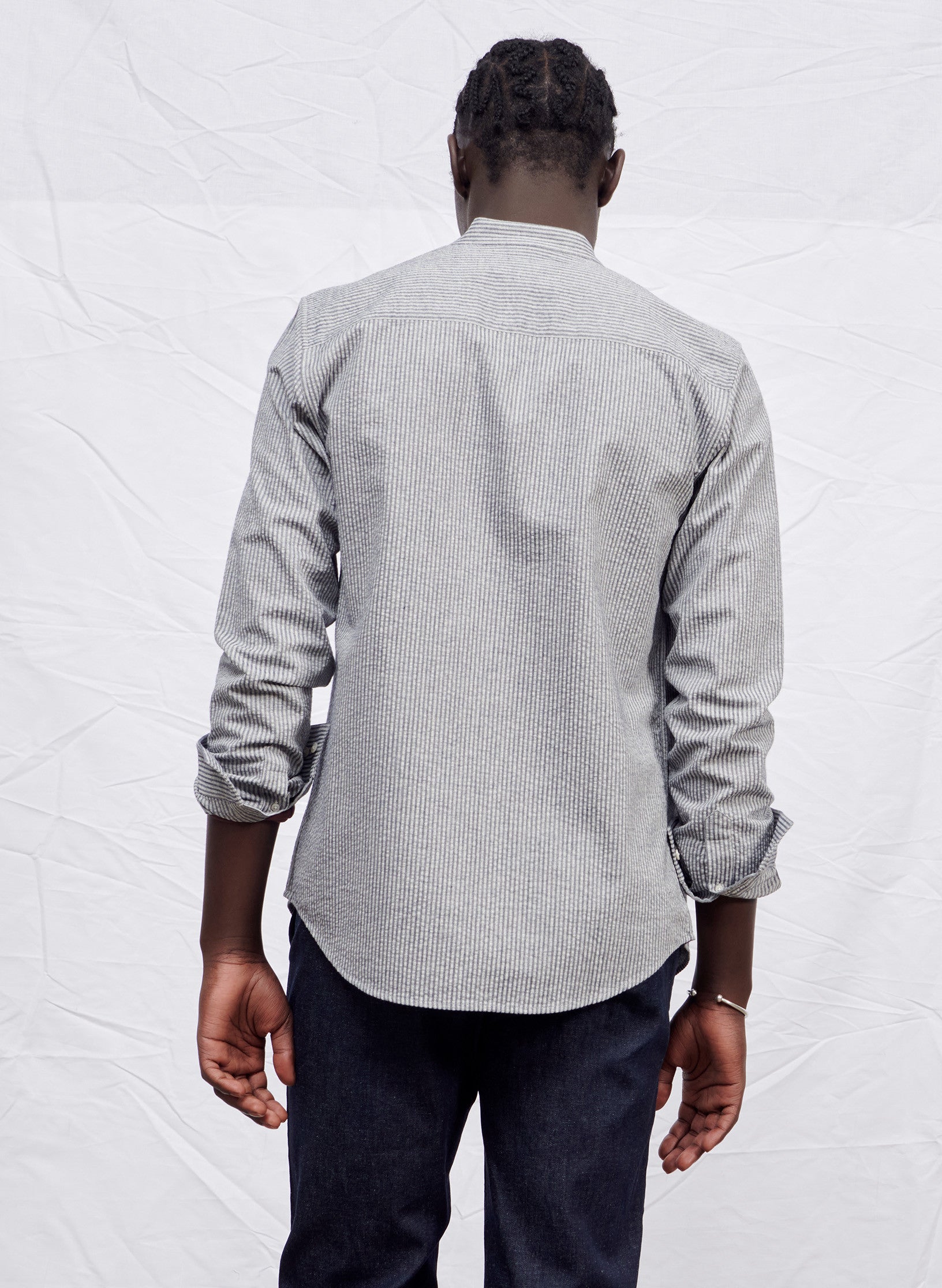 chemise col mao rayee seersucker bleu homme