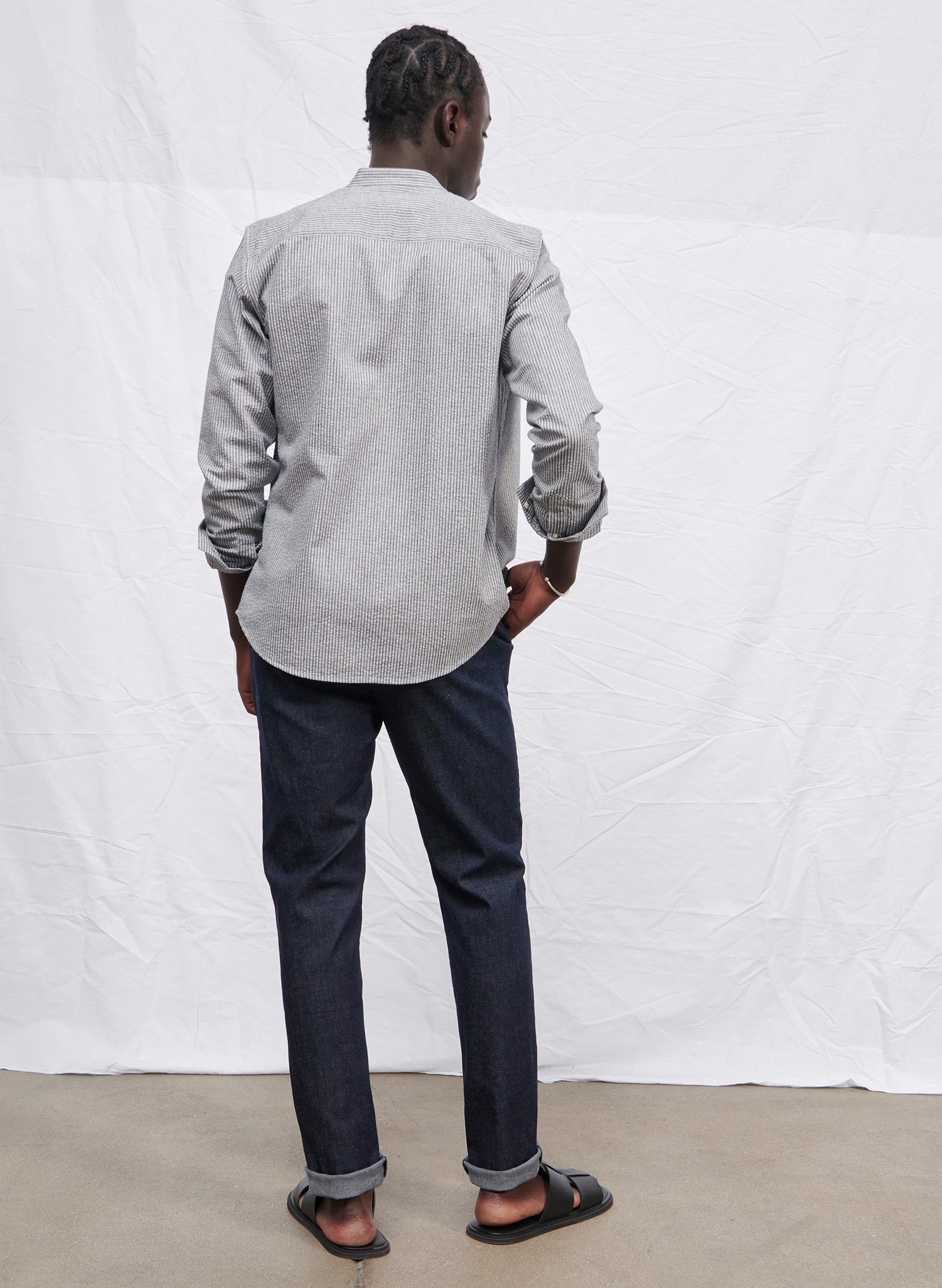 chemise col mao rayee seersucker bleu homme