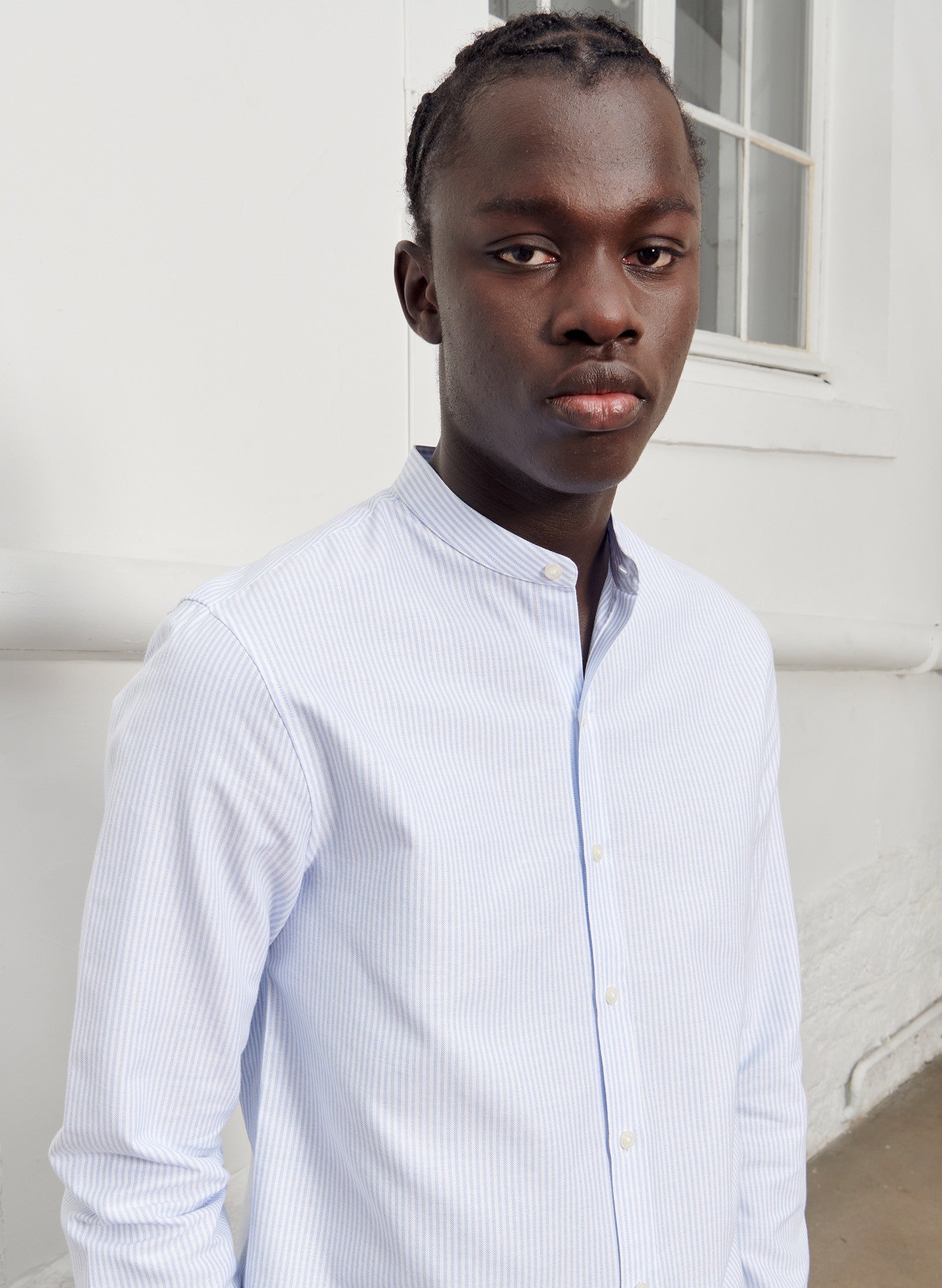 chemise col mao raye homme bleu