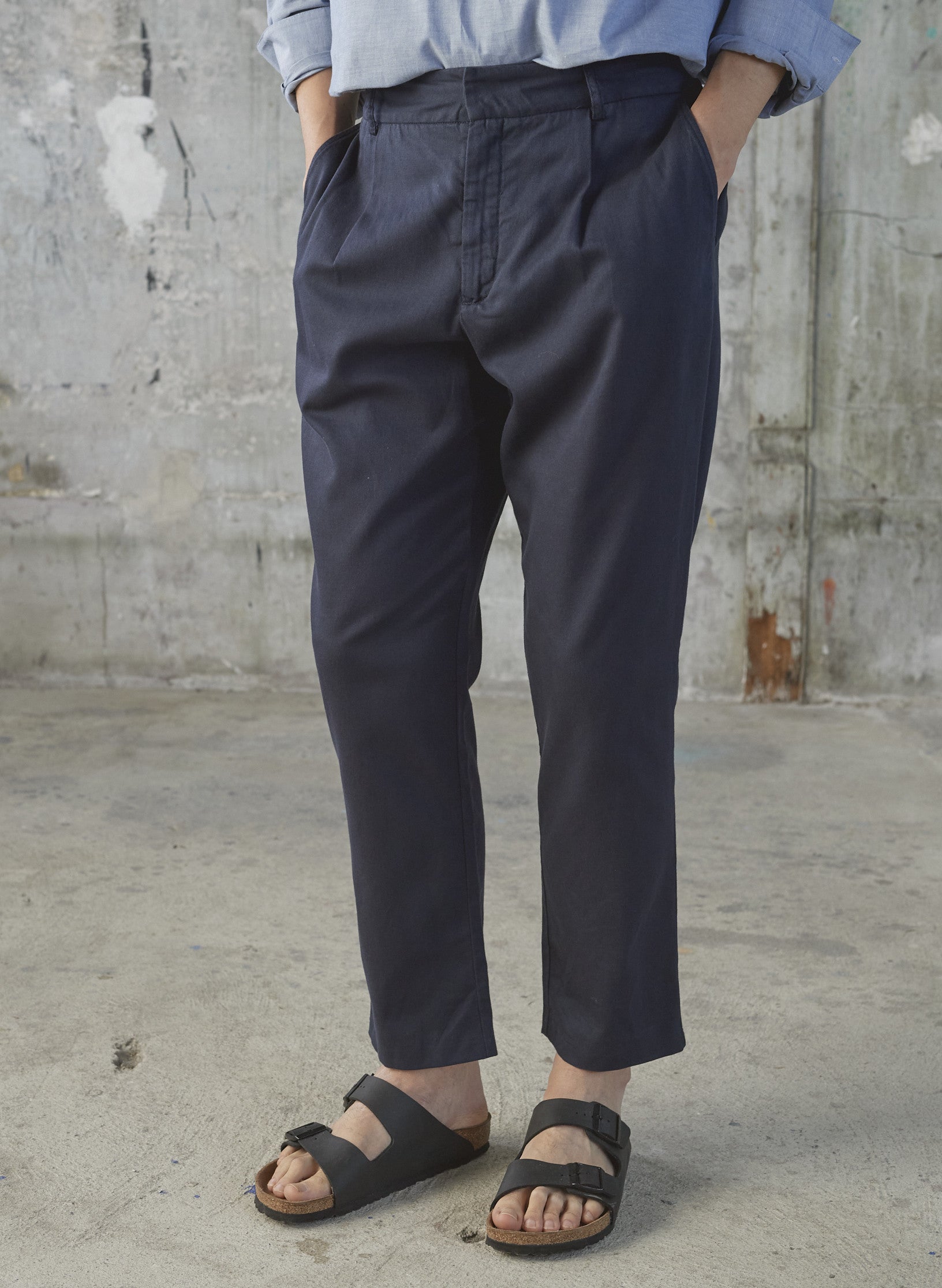 pantalon loose coton lin bleu marine homme