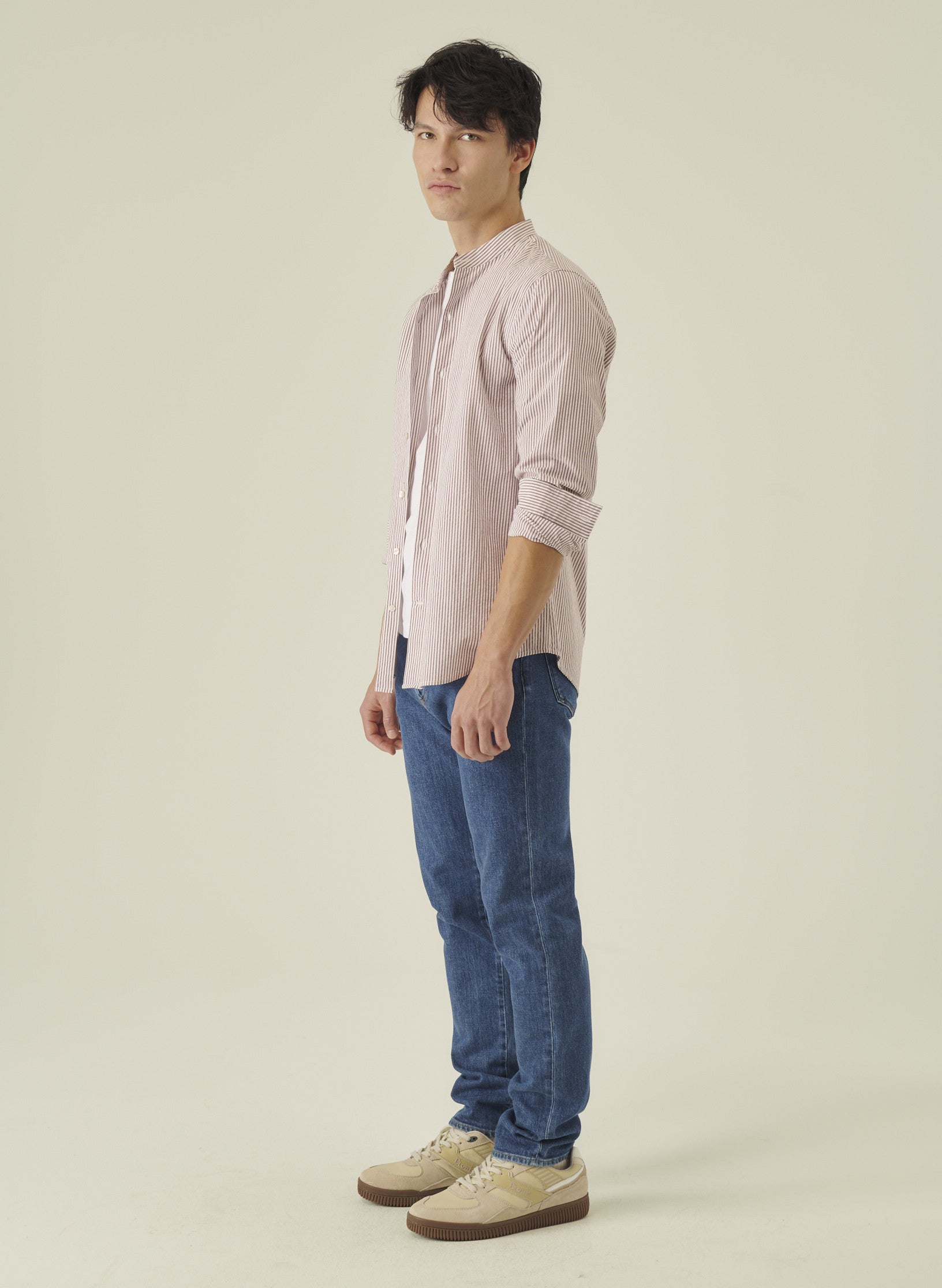 chemise col mao seersucker marron homme