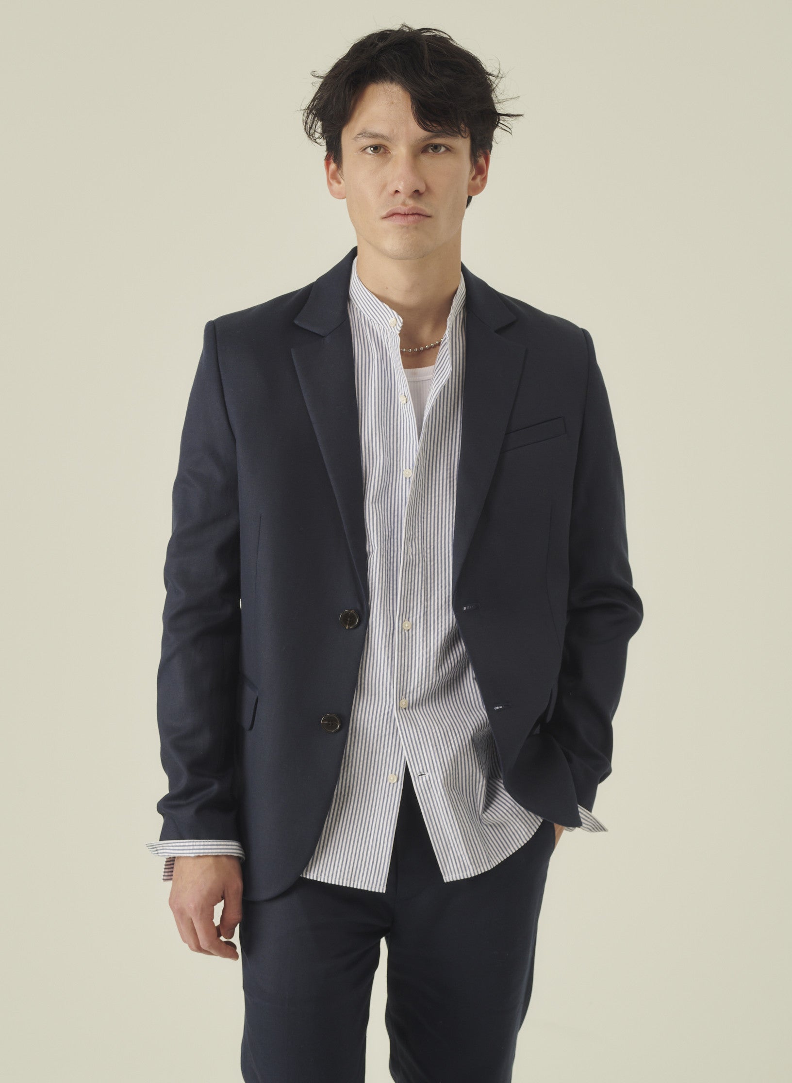 chemise col mao seersucker raye bleu homme coton oekotex