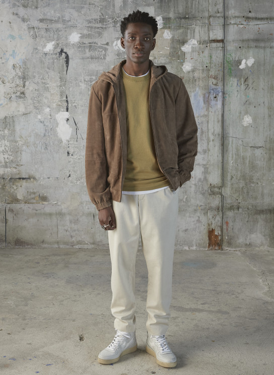 Blouson en daim beige a capuche pour homme
