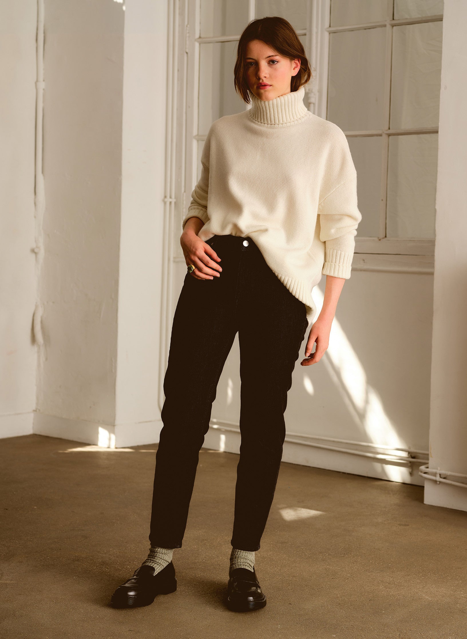 jean mom taille haute noir delave femme