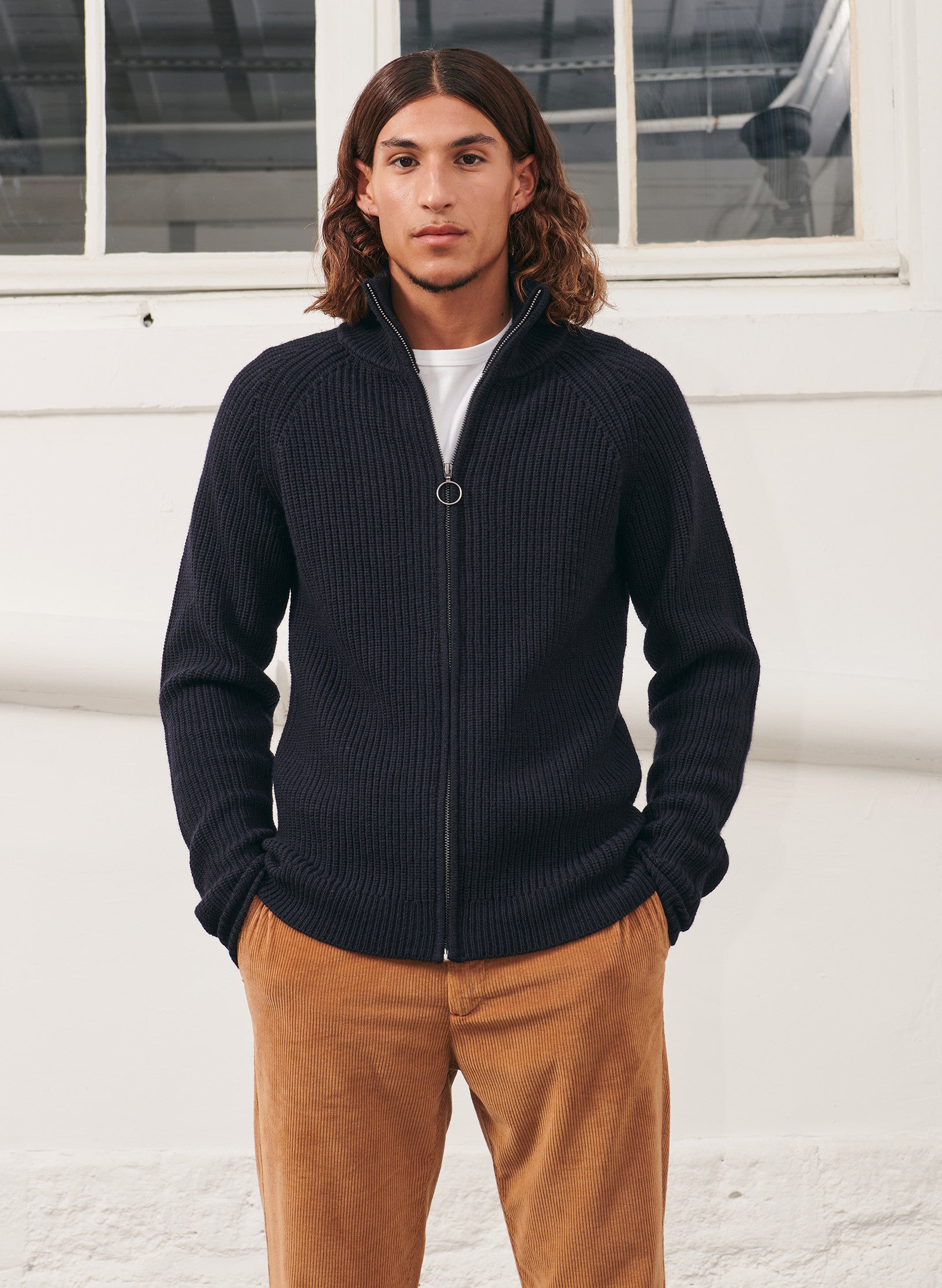 gilet zippe 100 laine a cote homme bleu