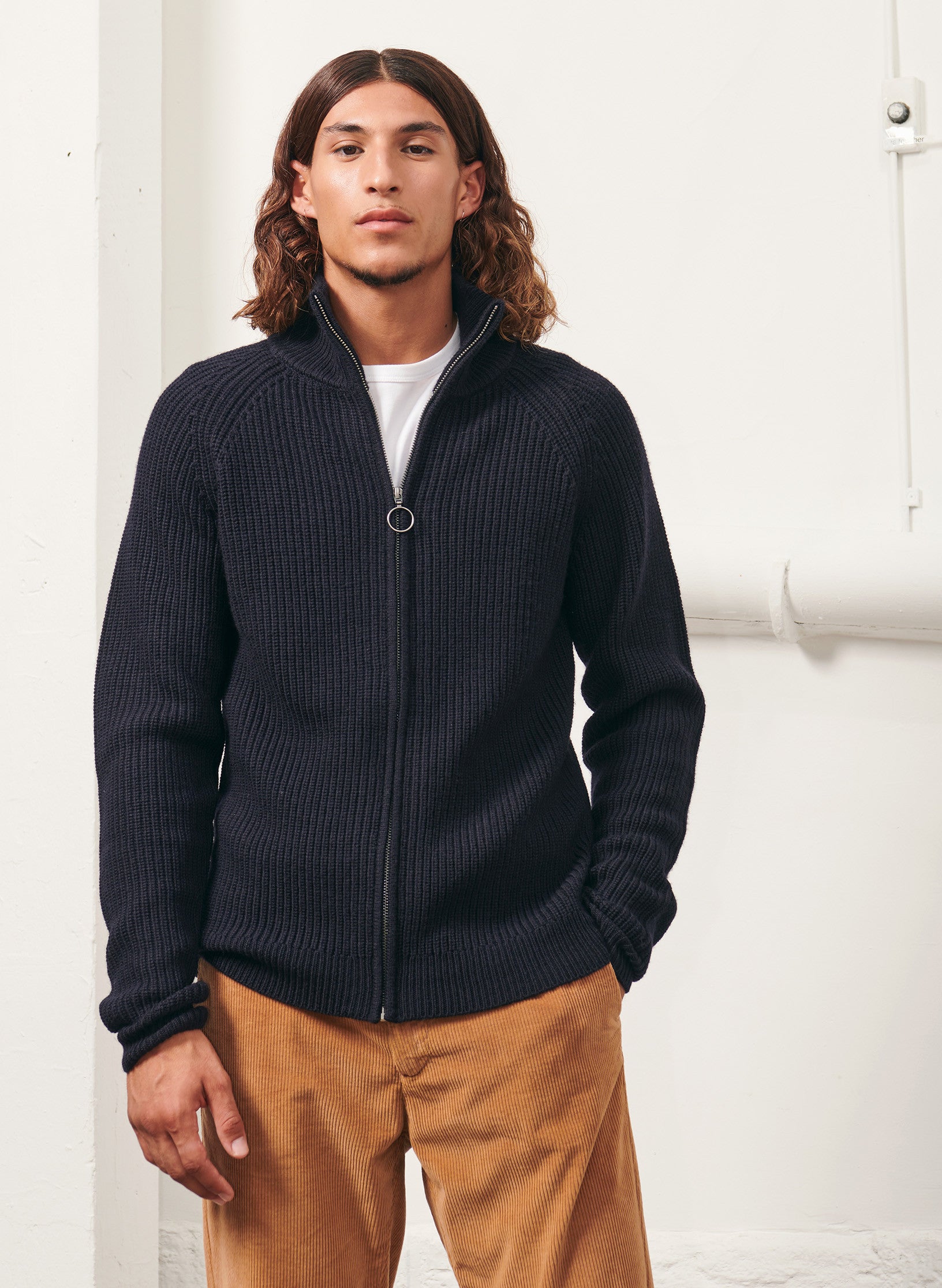 gilet zippe 100 laine a cote homme bleu