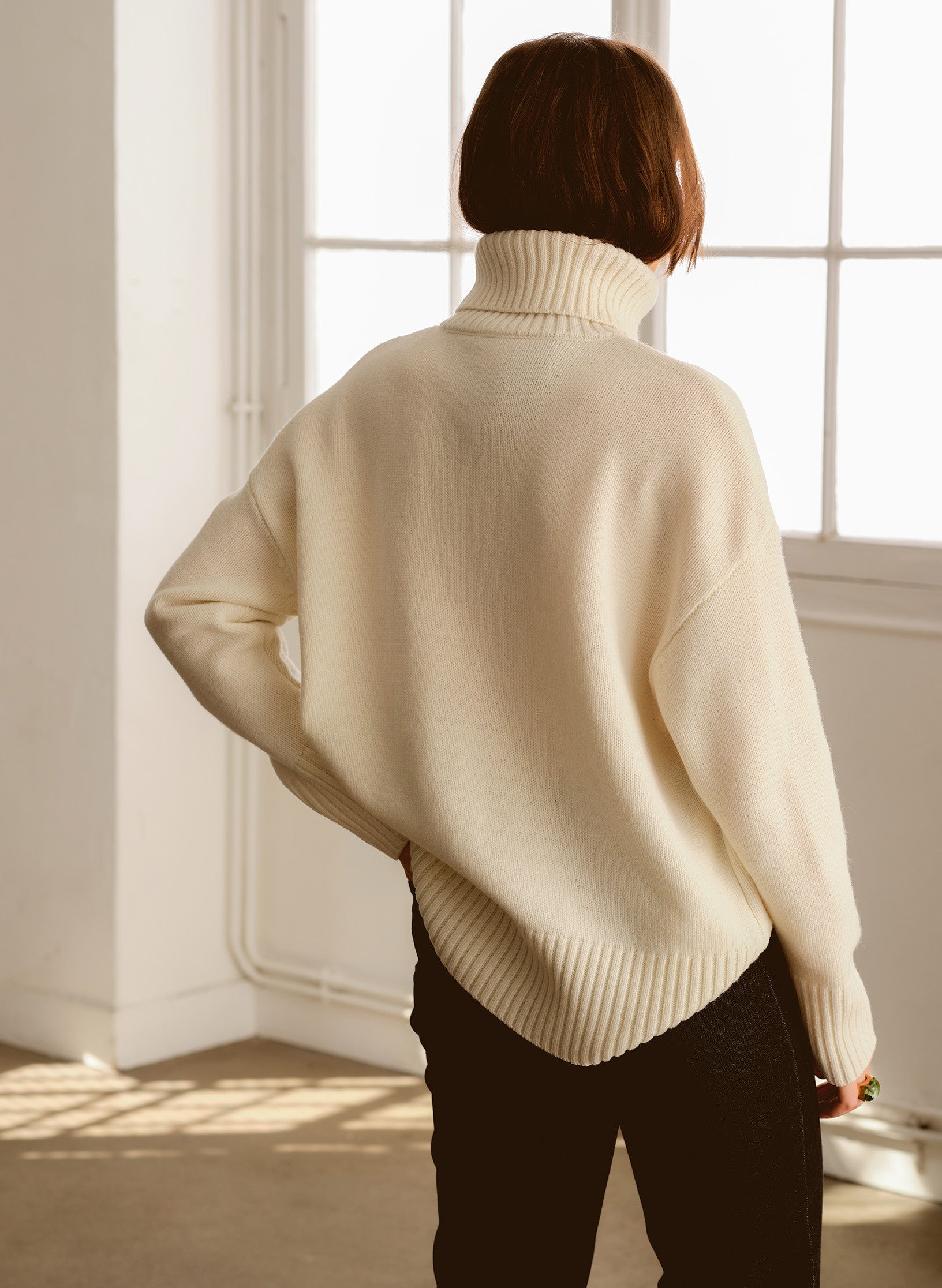 pull oversized col roule ecru laine ecoreponsable ecru