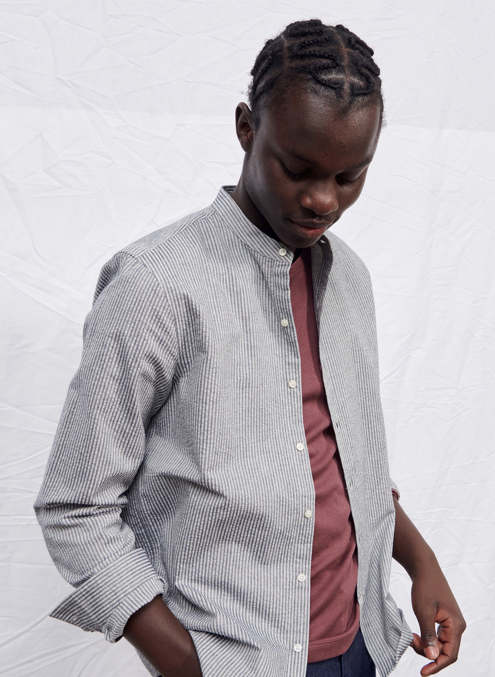 chemise col mao rayee seersucker bleu homme