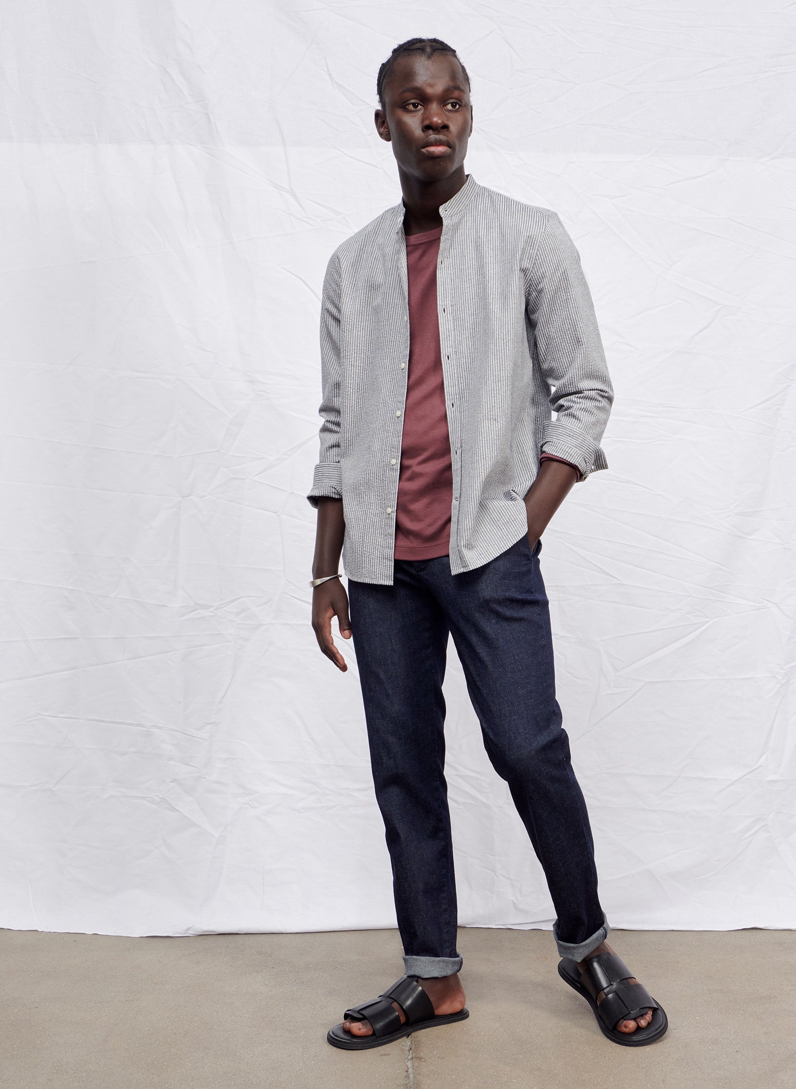 chemise col mao rayee seersucker bleu homme