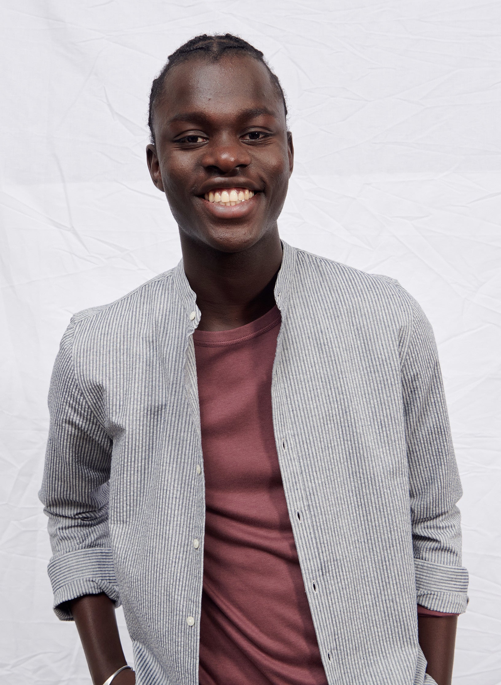 chemise col mao rayee seersucker bleu homme