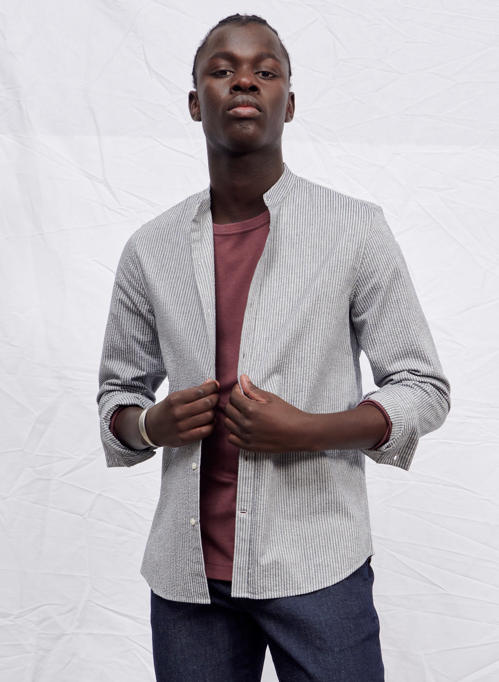 chemise col mao rayee seersucker bleu homme