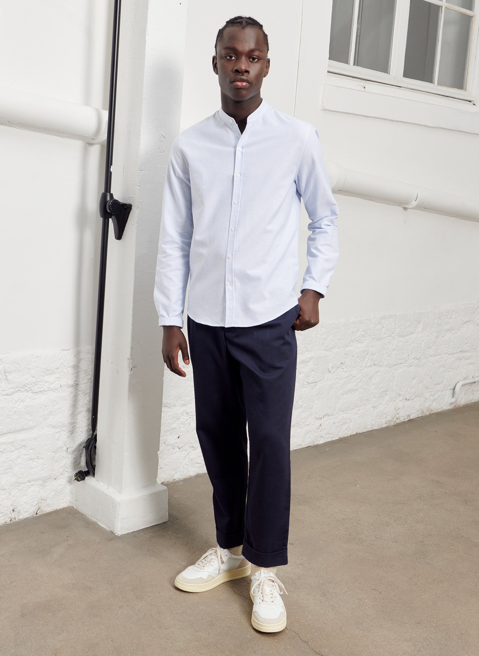 chemise col mao raye homme bleu