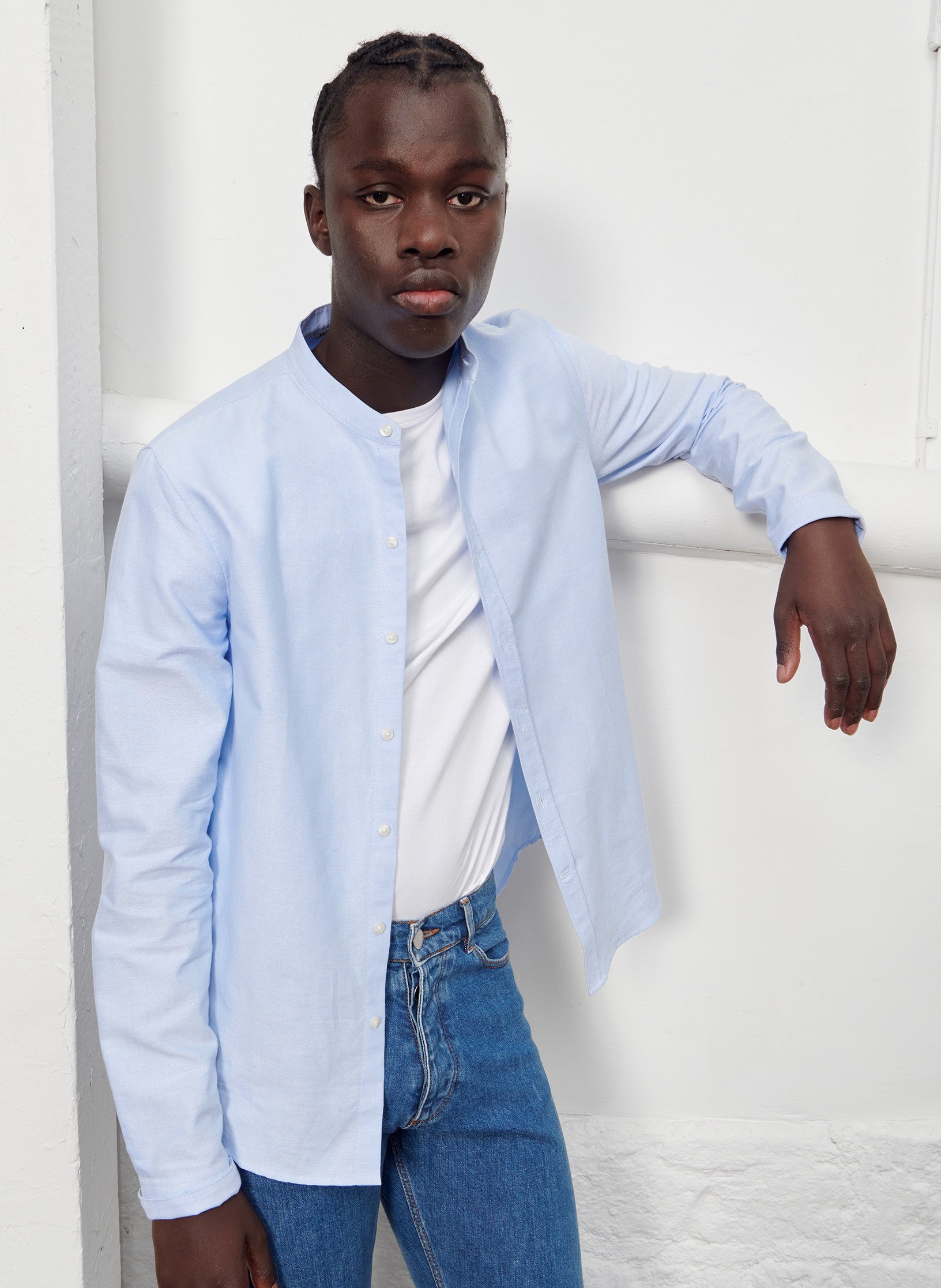 chemise col mao homme bleu