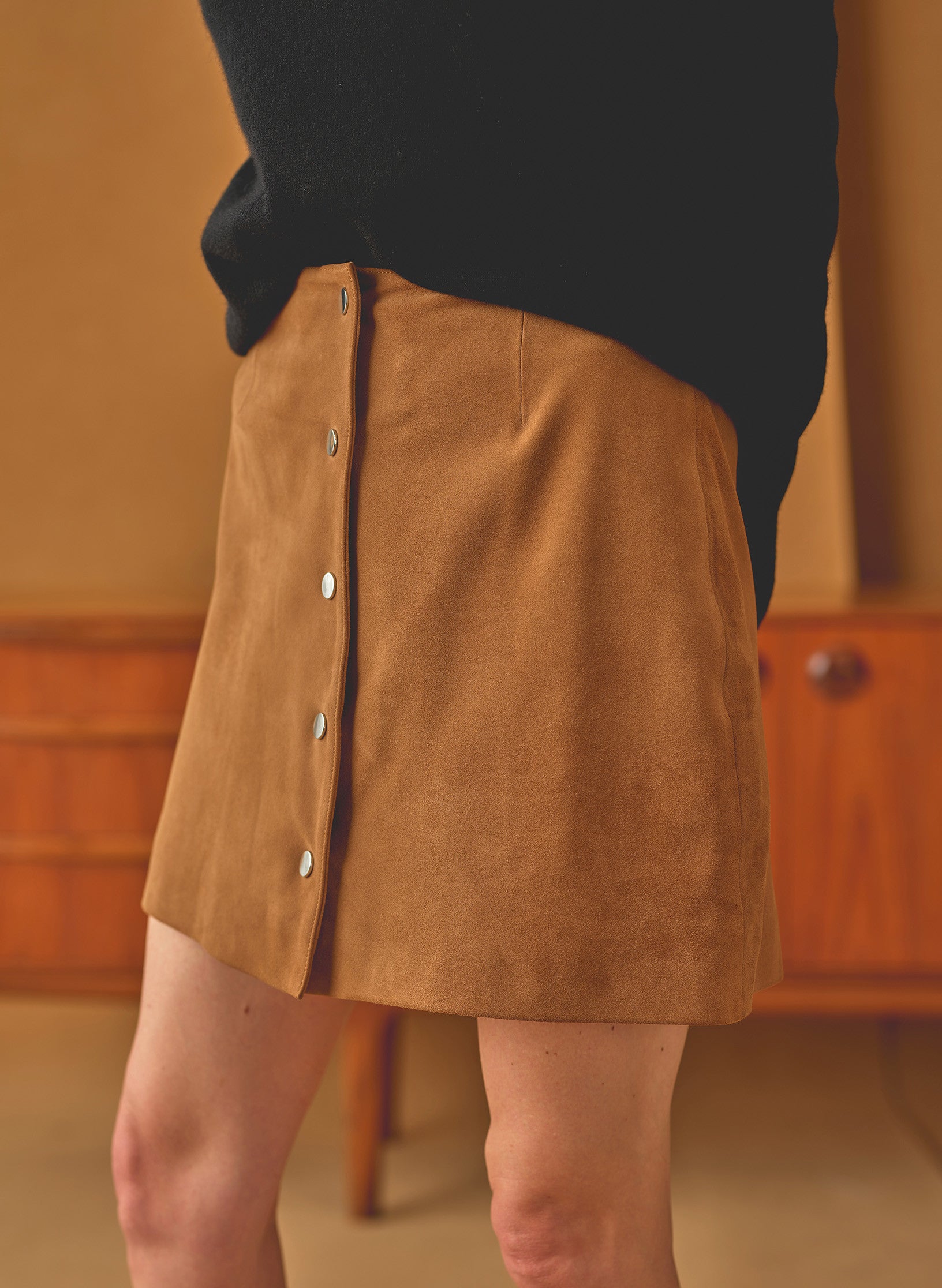 jupe pression daim cognac femme