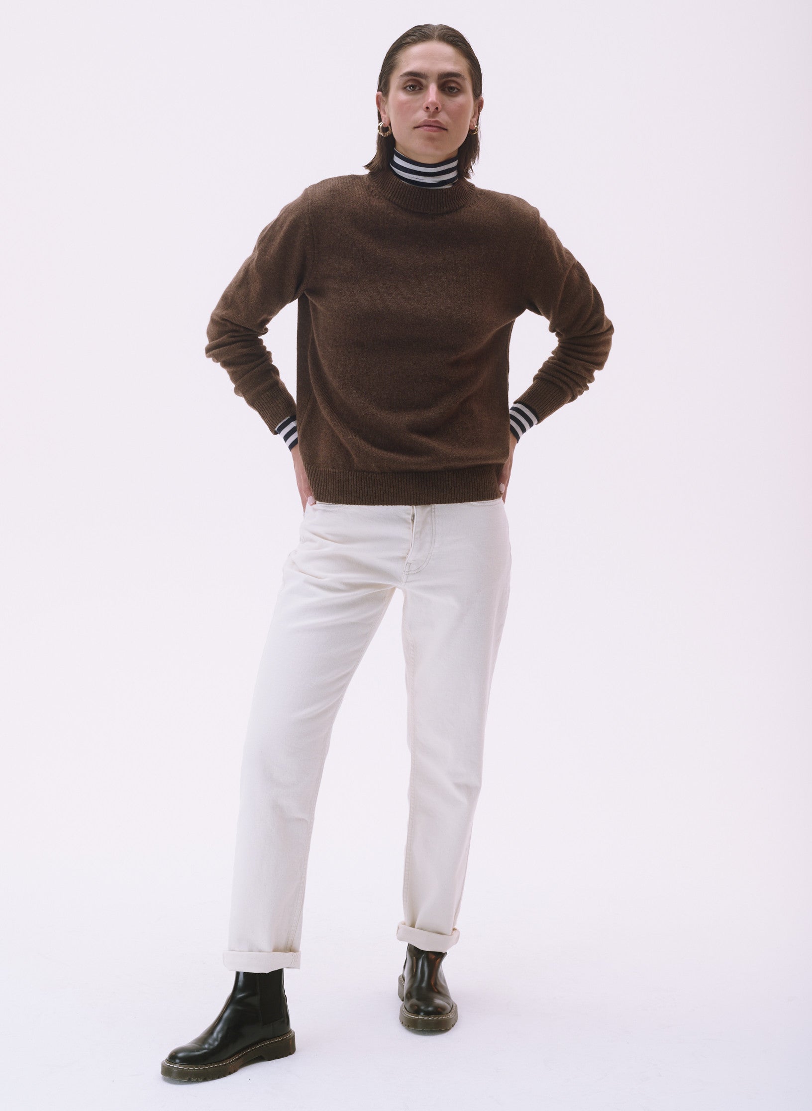 pull ras du cou laine marron homme femme unisexe