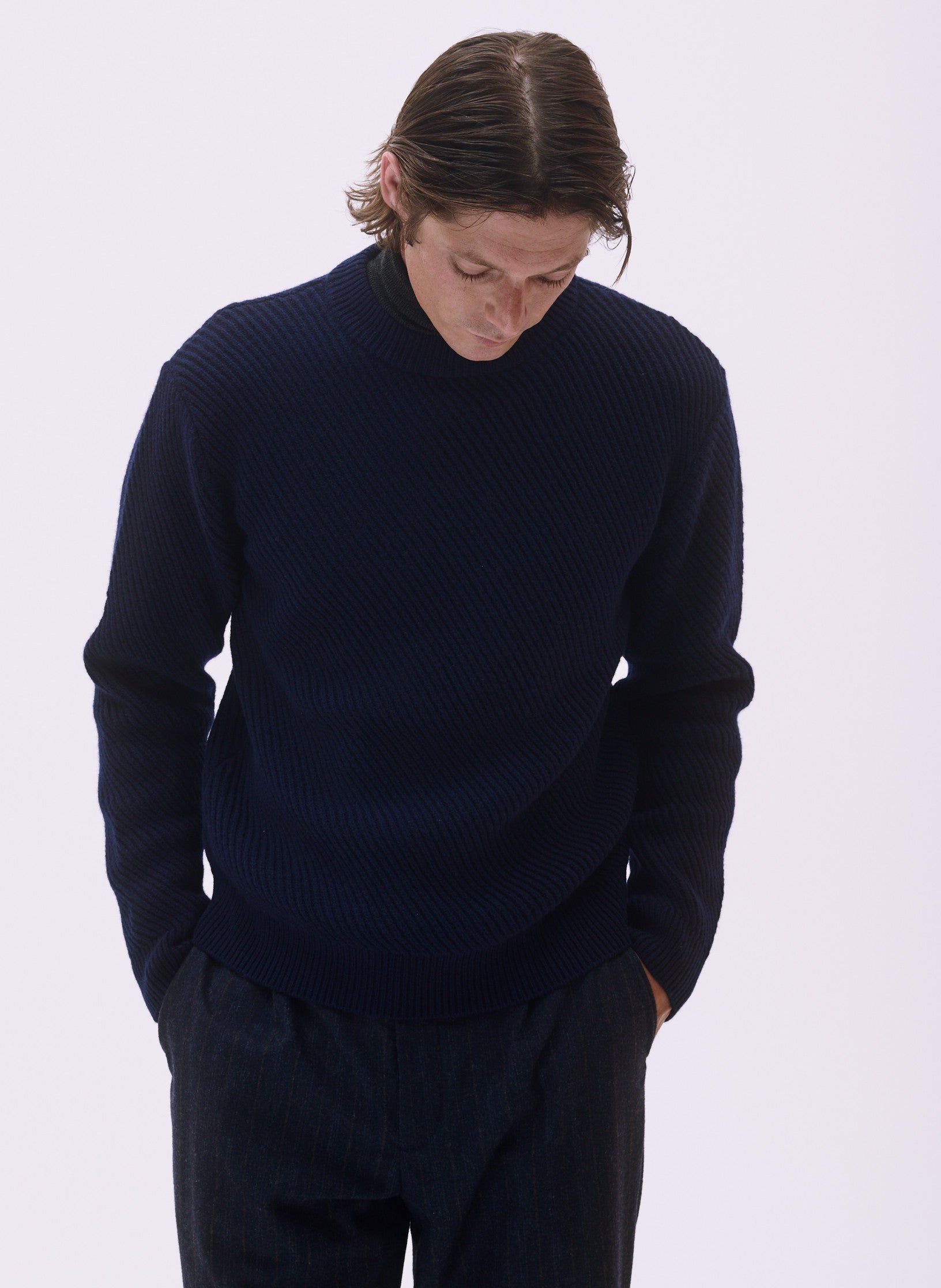 pull bleu laine diagonale homme femme unisexe