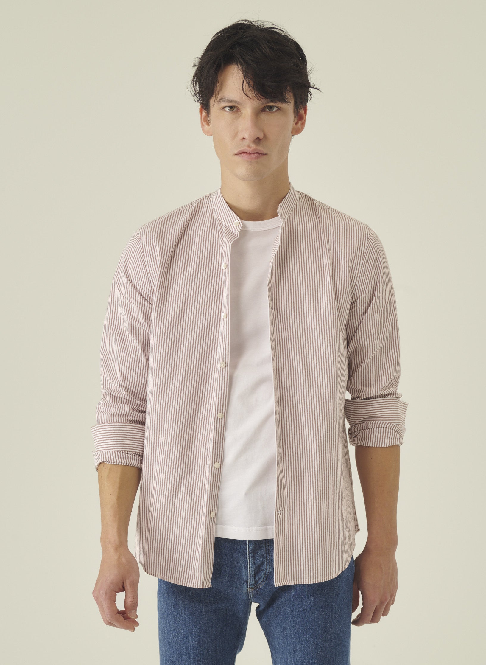 chemise col mao seersucker marron homme