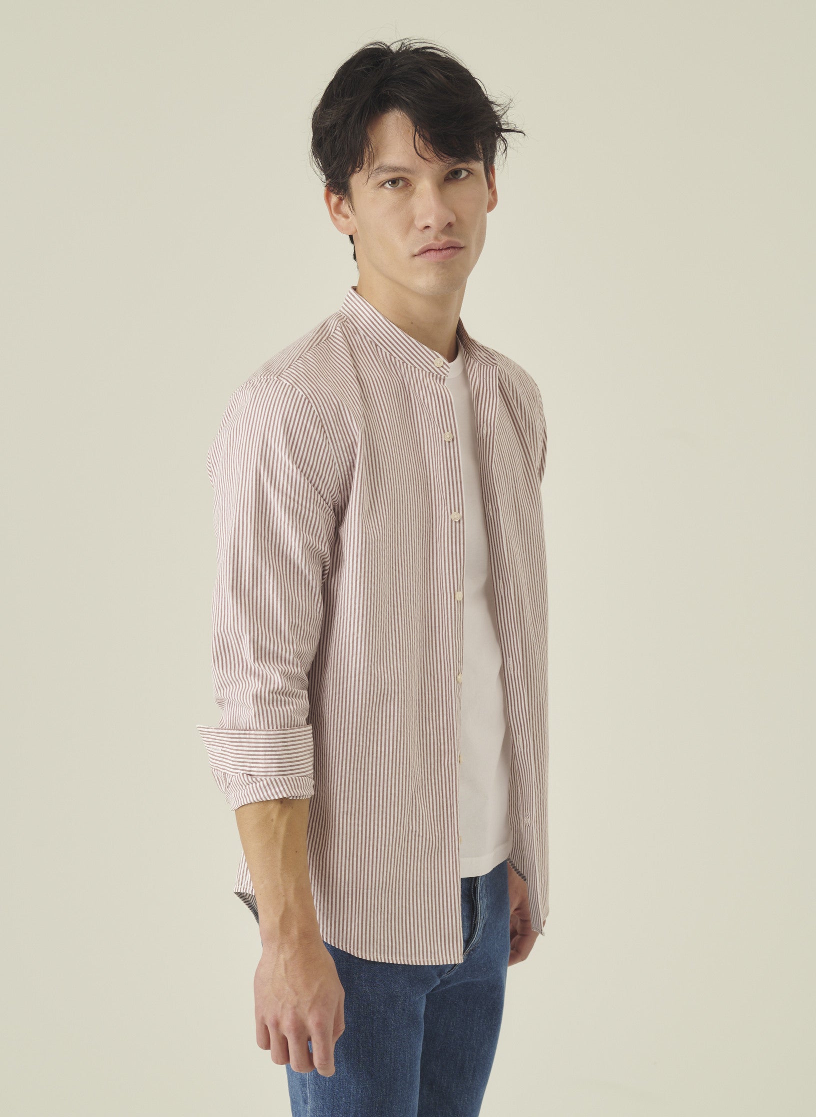 chemise col mao seersucker marron homme