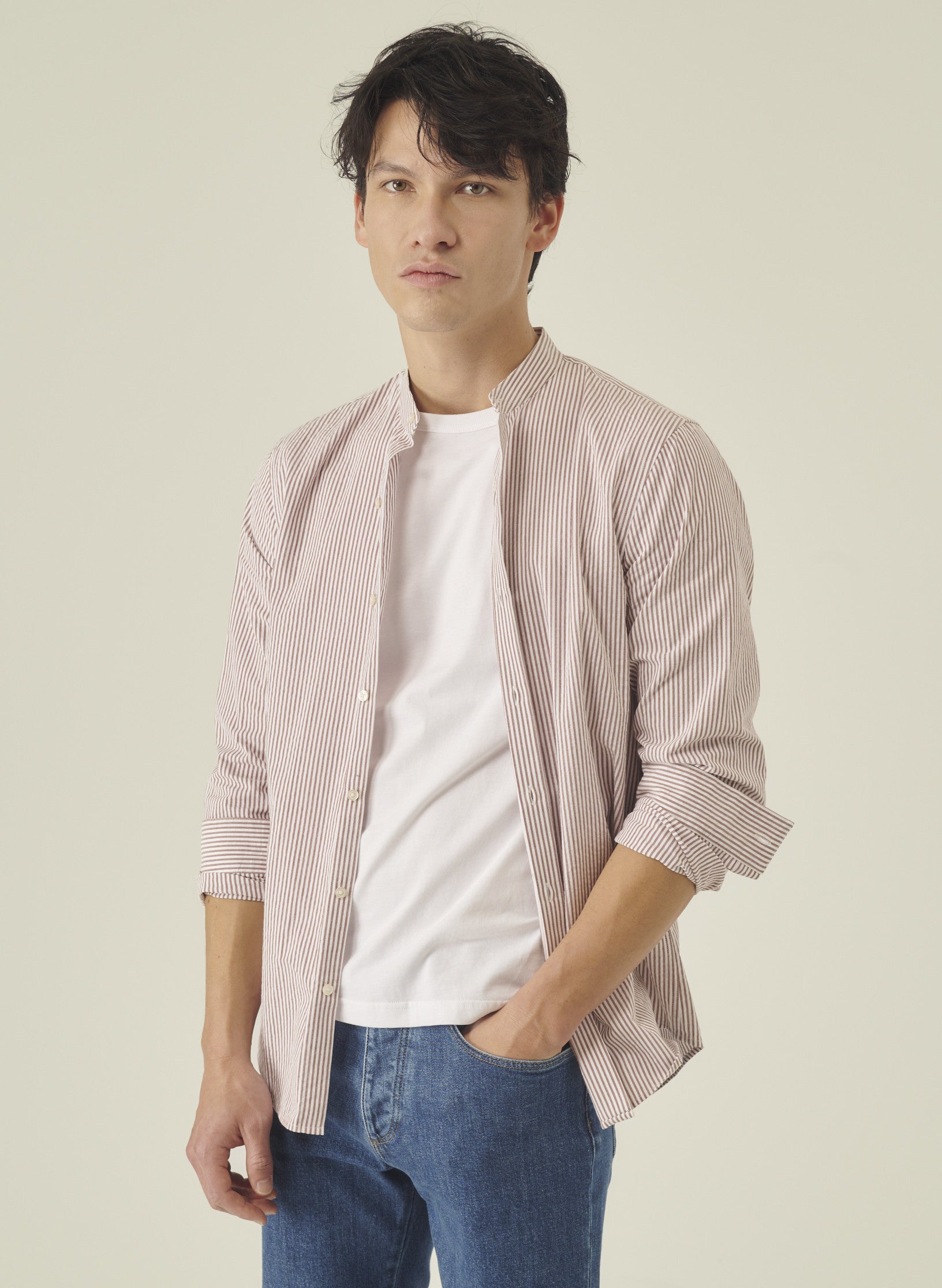 chemise col mao seersucker marron homme