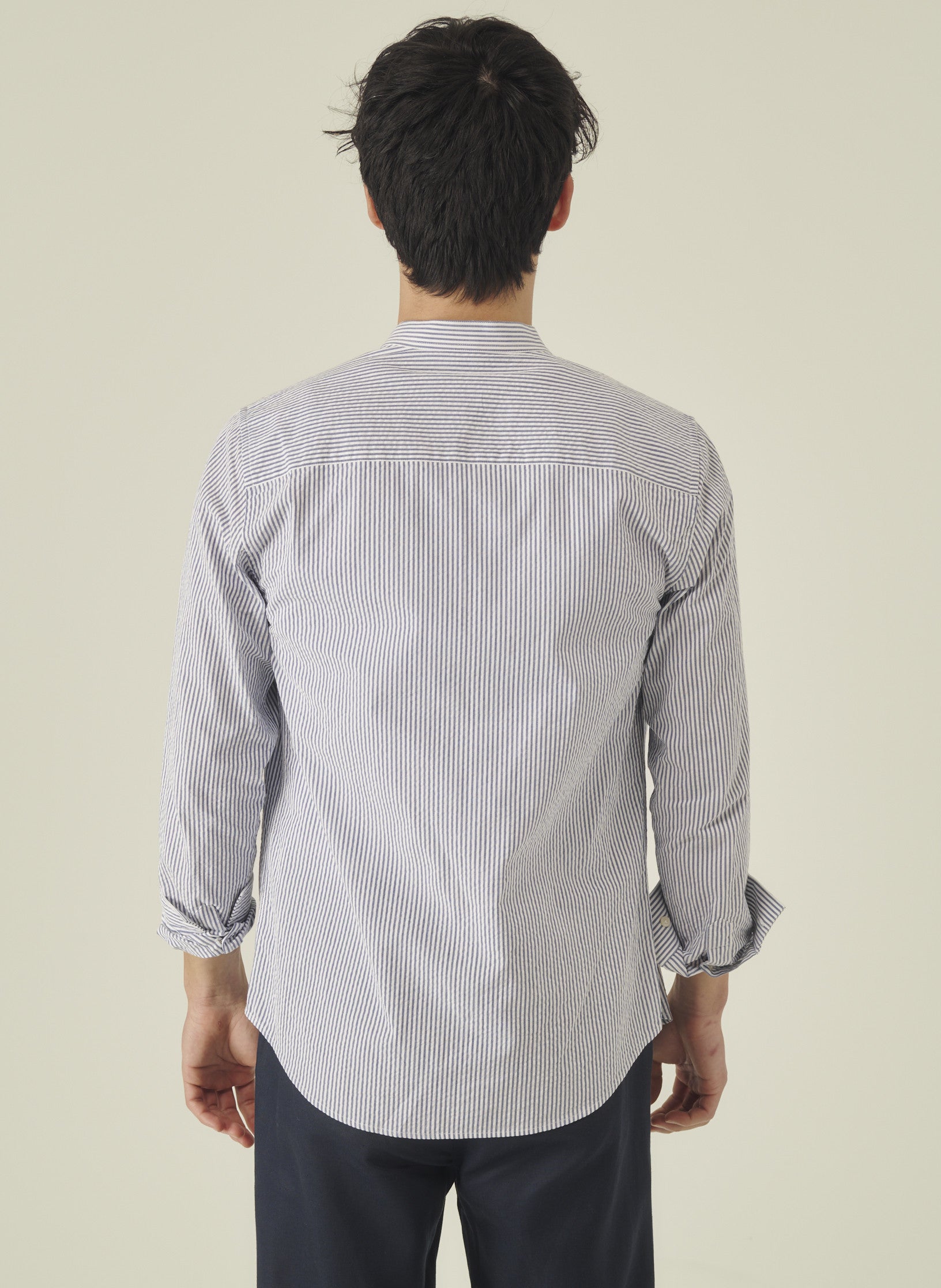 chemise col mao seersucker raye bleu homme coton oekotex